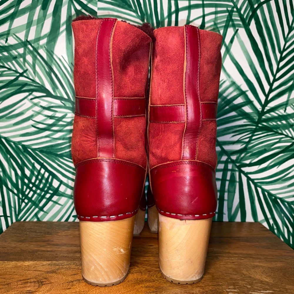 Sweedish Hasbeens Red Leather Shearling Wood Platform Ankle Boots Women’s 39/9 - Picture 6 of 13